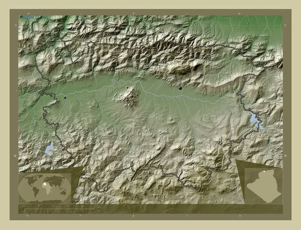 Ain Defla 阿尔及利亚省 用Wiki风格绘制的带有湖泊和河流的高程地图 该区域主要城市的所在地点 角辅助位置图 — 图库照片