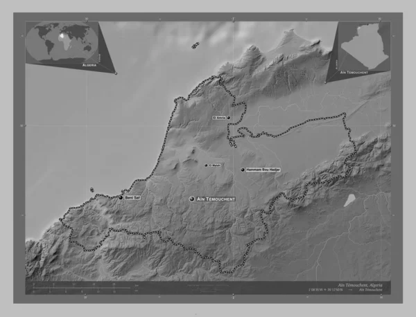 Temouchent Provincie Algerije Grayscale Hoogte Kaart Met Meren Rivieren Locaties — Stockfoto