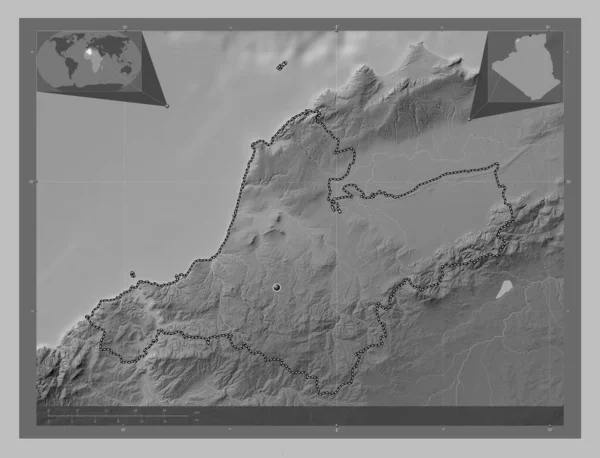 Ain Temouchent Province Algeria Grayscale Elevation Map Lakes Rivers Corner — Stock Photo, Image