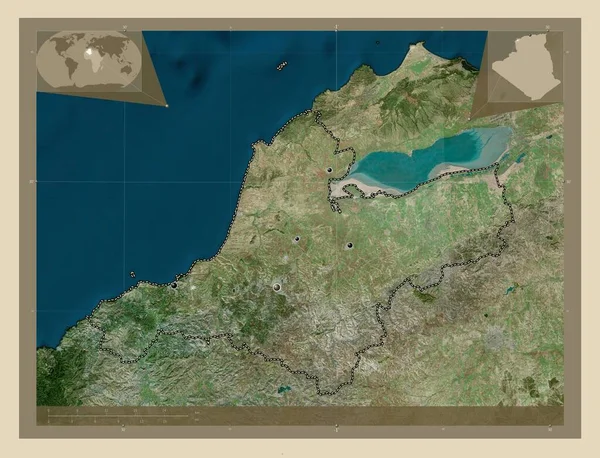 Ain Temouchent 阿尔及利亚省 高分辨率卫星地图 该区域主要城市的所在地点 角辅助位置图 — 图库照片