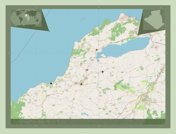 Ain Temouchent 阿尔及利亚省 开放街道地图 该区域主要城市的所在地点 角辅助位置图 — 图库照片