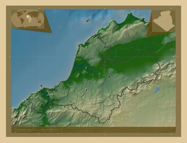 Ain Temouchent Provincia Argelia Mapa Elevación Colores Con Lagos Ríos —  Fotos de Stock