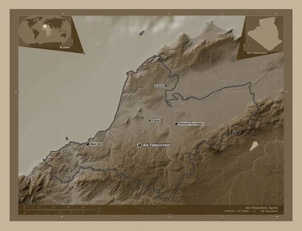 Temouchent Provinsen Algeriet Höjdkarta Färgad Sepiatoner Med Sjöar Och Floder — Stockfoto