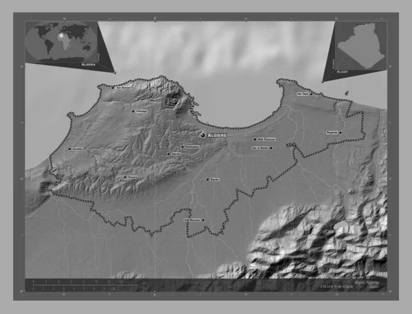 阿尔杰 阿尔及利亚省 带湖泊和河流的比尔维尔高程图 该区域主要城市的地点和名称 角辅助位置图 — 图库照片