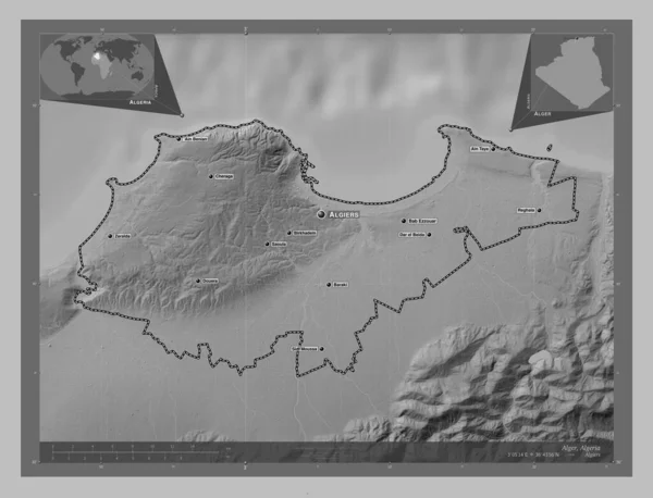 Alger Province Algeria Grayscale Elevation Map Lakes Rivers Locations Names — Stock Photo, Image