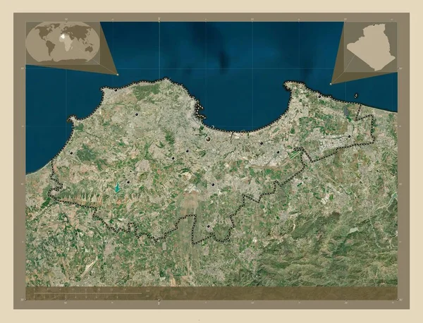 阿尔杰 阿尔及利亚省 高分辨率卫星地图 该区域主要城市的所在地点 角辅助位置图 — 图库照片