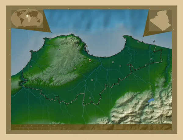 Alger Prowincja Algieria Kolorowa Mapa Wzniesień Jeziorami Rzekami Lokalizacje Dużych — Zdjęcie stockowe