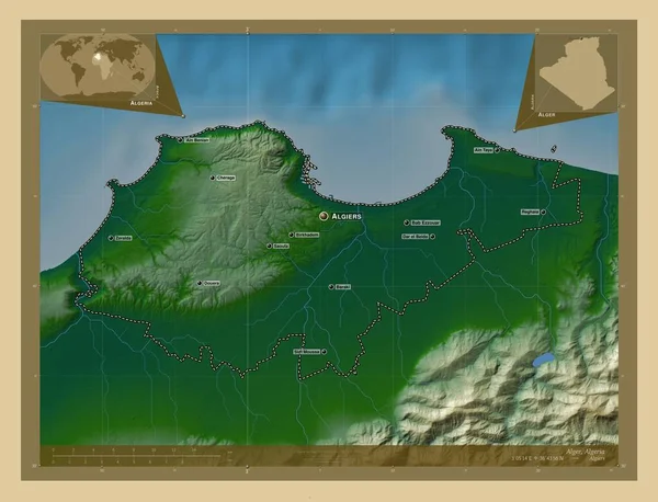 阿尔杰 阿尔及利亚省 有湖泊和河流的彩色高程图 该区域主要城市的地点和名称 角辅助位置图 — 图库照片