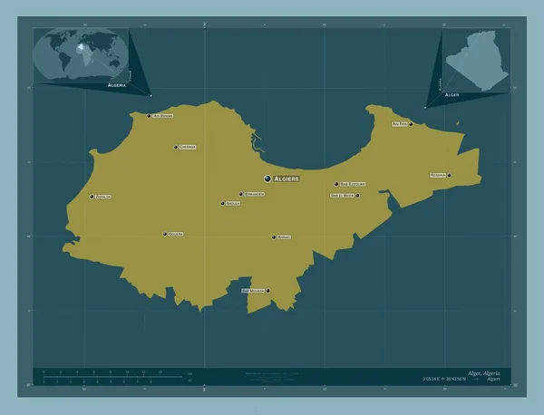 アルジェリアのアルジェ州 しっかりした色の形 地域の主要都市の位置と名前 コーナー補助位置図 — ストック写真