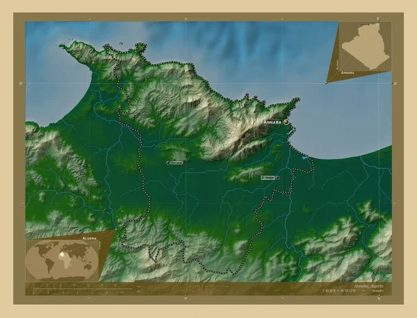 Annaba Provincia Argelia Mapa Elevación Colores Con Lagos Ríos Ubicaciones — Foto de Stock