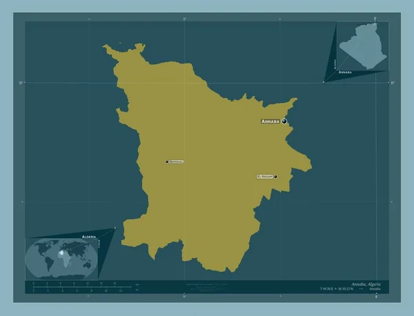 阿尔及利亚的安娜巴省 固体的颜色形状 该区域主要城市的地点和名称 角辅助位置图 — 图库照片
