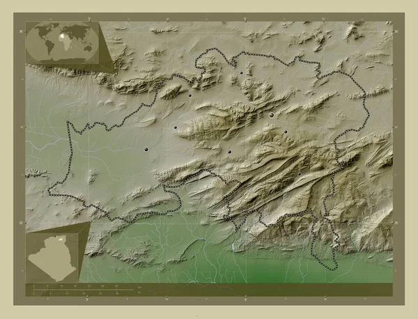 巴特纳 阿尔及利亚省 用Wiki风格绘制的带有湖泊和河流的高程地图 该区域主要城市的所在地点 角辅助位置图 — 图库照片