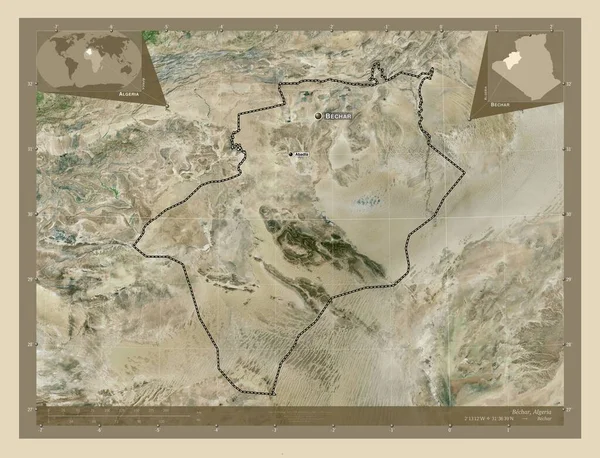 Bechar 阿尔及利亚省 高分辨率卫星地图 该区域主要城市的地点和名称 角辅助位置图 — 图库照片