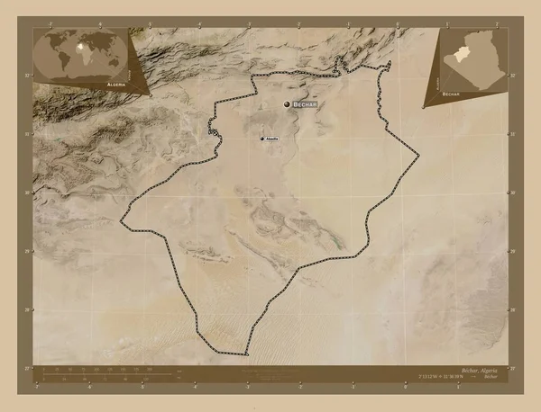 Bechar 阿尔及利亚省 低分辨率卫星地图 该区域主要城市的地点和名称 角辅助位置图 — 图库照片