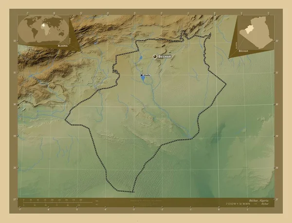 Bechar 阿尔及利亚省 有湖泊和河流的彩色高程图 该区域主要城市的地点和名称 角辅助位置图 — 图库照片