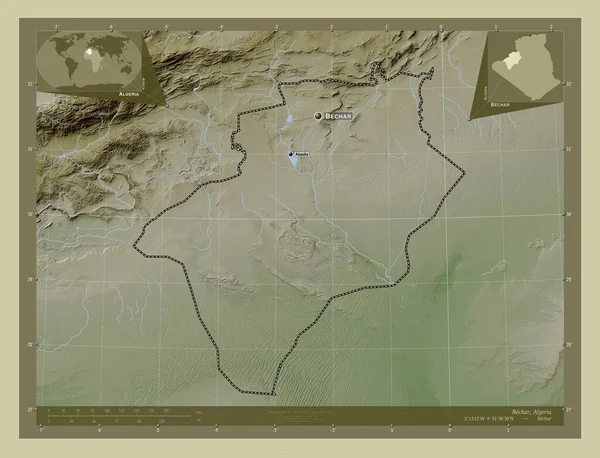 アルジェリアのベハール州 湖や川とWikiスタイルで着色された標高マップ 地域の主要都市の位置と名前 コーナー補助位置図 — ストック写真