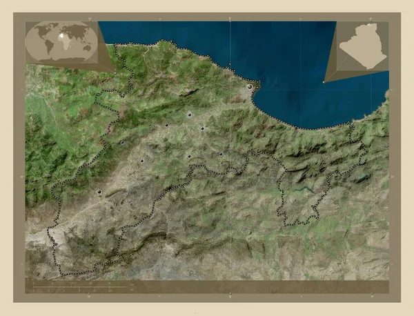 アルジェリアのベジャイア州 高解像度衛星地図 地域の主要都市の場所 コーナー補助位置図 — ストック写真