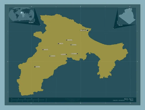 Bejaia 阿尔及利亚省 固体的颜色形状 该区域主要城市的地点和名称 角辅助位置图 — 图库照片