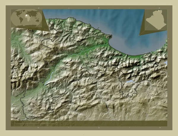 Bejaia Prowincja Algierii Mapa Wzniesień Kolorowa Stylu Wiki Jeziorami Rzekami — Zdjęcie stockowe