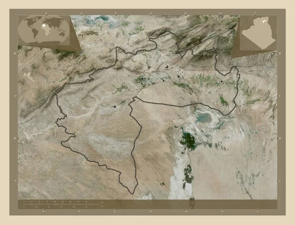 阿尔及利亚比斯克拉省 高分辨率卫星地图 该区域主要城市的所在地点 角辅助位置图 — 图库照片