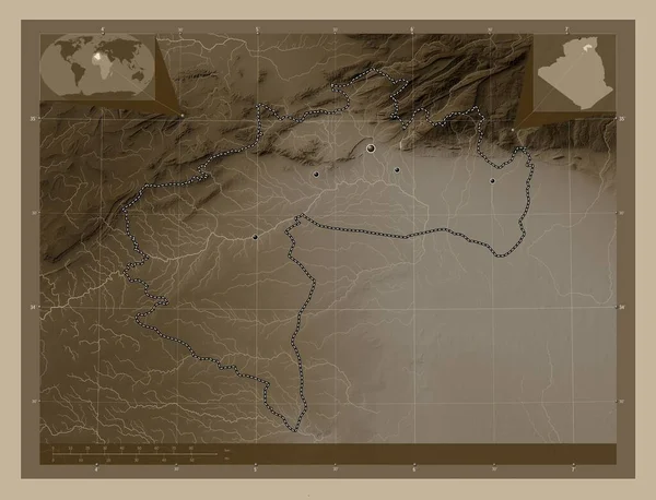 Biskra Provincia Argelia Mapa Elevación Coloreado Tonos Sepia Con Lagos — Foto de Stock