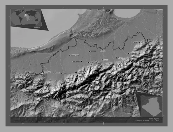 Blida Prowincja Algierii Dwupoziomowa Mapa Jeziorami Rzekami Lokalizacje Nazwy Głównych — Zdjęcie stockowe