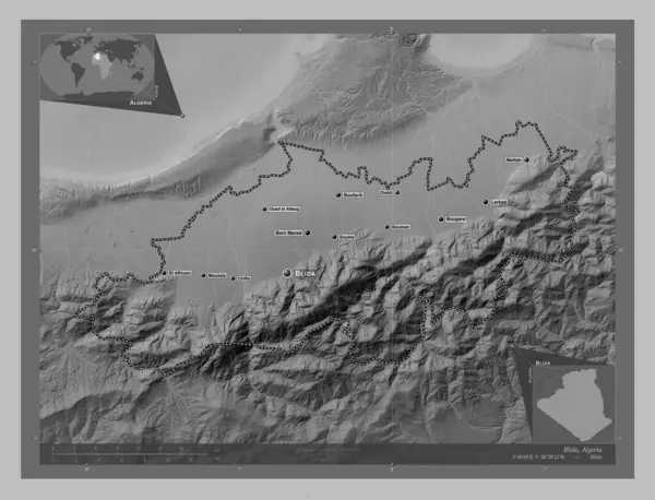 Blida Provinz Algerien Graustufen Höhenkarte Mit Seen Und Flüssen Orte — Stockfoto