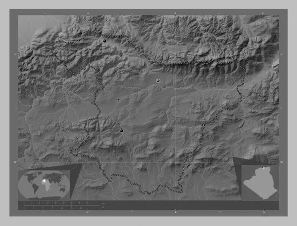 Bouira Prowincja Algieria Mapa Wzniesień Skali Szarości Jeziorami Rzekami Lokalizacje — Zdjęcie stockowe