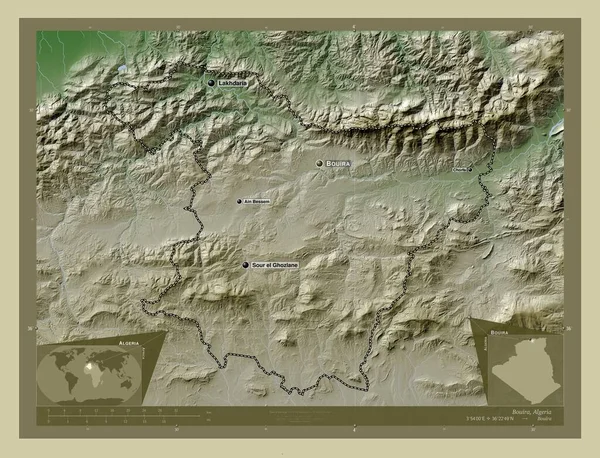 Bouira Επαρχία Αλγερίας Υψόμετρο Χάρτη Χρωματισμένο Στυλ Wiki Λίμνες Και — Φωτογραφία Αρχείου