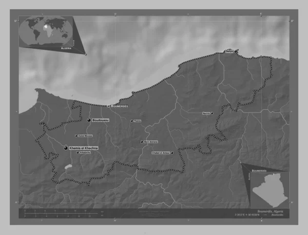 Boumerdes Provinsen Algeriet Grayscale Höjdkarta Med Sjöar Och Floder Platser — Stockfoto