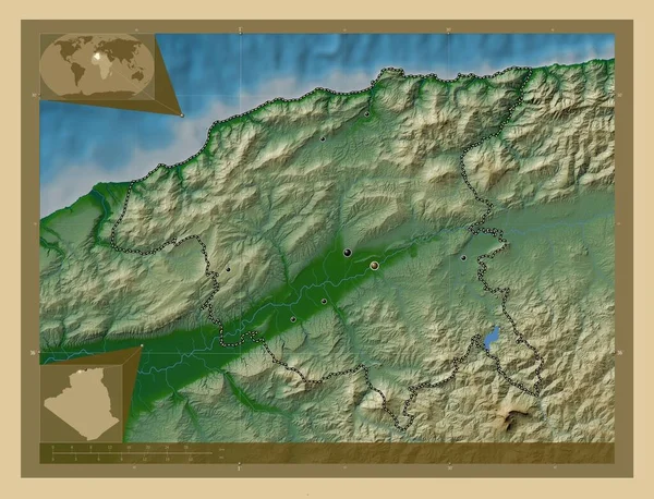 Chlef Provincia Algeria Mappa Elevazione Colorata Con Laghi Fiumi Località — Foto Stock