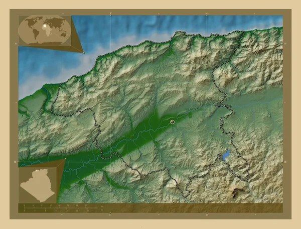 Chlef Επαρχία Αλγερίας Χρωματιστός Υψομετρικός Χάρτης Λίμνες Και Ποτάμια Γωνιακοί — Φωτογραφία Αρχείου