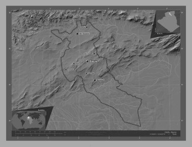 Djelfa, Cezayir vilayeti. Göllü ve nehirli çift katlı yükseklik haritası. Bölgenin büyük şehirlerinin yerleri ve isimleri. Köşedeki yedek konum haritaları