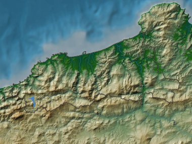 Jijel, Cezayir vilayeti. Gölleri ve nehirleri olan renkli yükseklik haritası