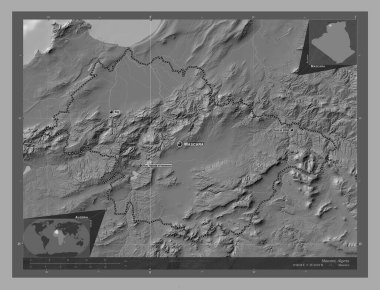 Mascara, Cezayir eyaleti. Göllü ve nehirli çift katlı yükseklik haritası. Bölgenin büyük şehirlerinin yerleri ve isimleri. Köşedeki yedek konum haritaları