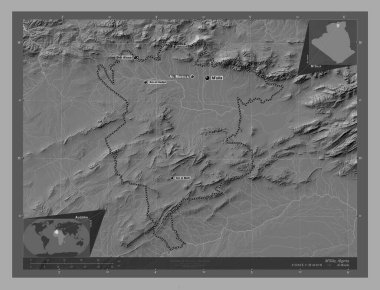 M 'Sila, Cezayir vilayeti. Göllü ve nehirli çift katlı yükseklik haritası. Bölgenin büyük şehirlerinin yerleri ve isimleri. Köşedeki yedek konum haritaları
