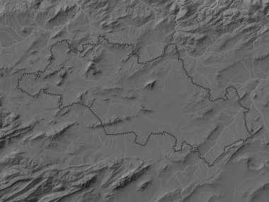 Oum el Bouaghi, Cezayir vilayeti. Gölleri ve nehirleri olan gri tonlama yükseklik haritası