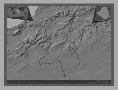 Sidi Bel Abbes, Cezayir ili. Göllü ve nehirli çift katlı yükseklik haritası. Bölgenin büyük şehirlerinin yerleri ve isimleri. Köşedeki yedek konum haritaları