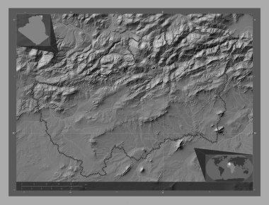 Souk Ahras, Cezayir ili. Göllü ve nehirli çift katlı yükseklik haritası. Köşedeki yedek konum haritaları