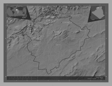 Tiaret, Cezayir eyaleti. Göllü ve nehirli çift katlı yükseklik haritası. Bölgenin büyük şehirlerinin yerleri ve isimleri. Köşedeki yedek konum haritaları