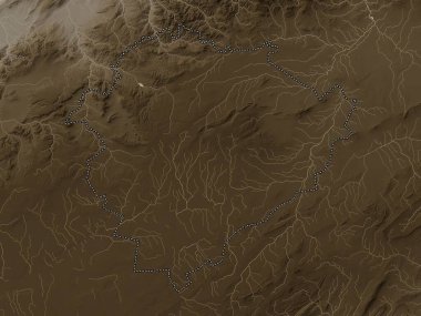 Tiaret, Cezayir eyaleti. Yükseklik haritası sepya tonlarında göller ve nehirlerle renklendirilmiş