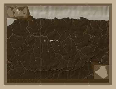 Tizi Ouzou, Cezayir vilayeti. Yükseklik haritası sepya tonlarında göller ve nehirlerle renklendirilmiş. Bölgenin büyük şehirlerinin yerleri. Köşedeki yedek konum haritaları