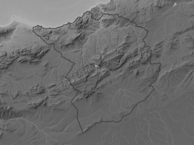 Tlemcen, Cezayir vilayeti. Gölleri ve nehirleri olan gri tonlama yükseklik haritası