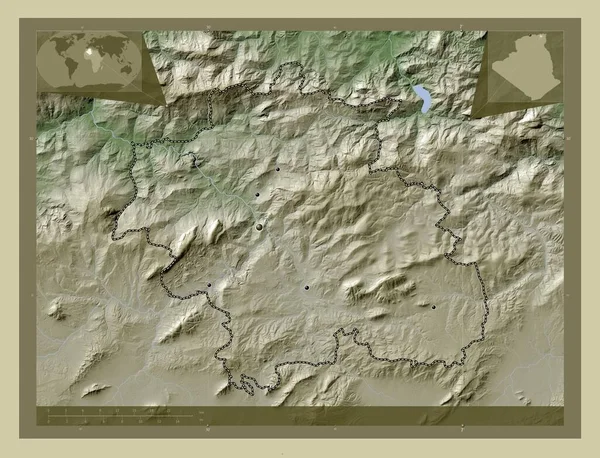 Constantine, province of Algeria. Elevation map colored in wiki style with lakes and rivers. Locations of major cities of the region. Corner auxiliary location maps