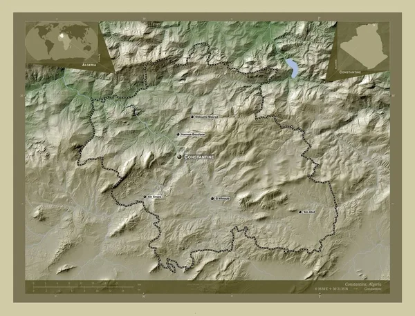 Konstantin Provincie Alžírsko Zdvihová Mapa Zbarvená Stylu Wiki Jezery Řekami — Stock fotografie
