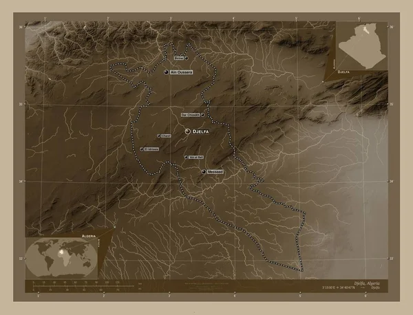 Джельфа Провинция Алжир Карта Высоты Окрашенная Сепиевые Тона Озерами Реками — стоковое фото