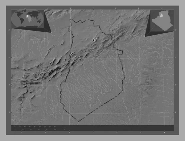 Bayadh Province Algeria Bilevel Elevation Map Lakes Rivers Corner Auxiliary — Stock Photo, Image
