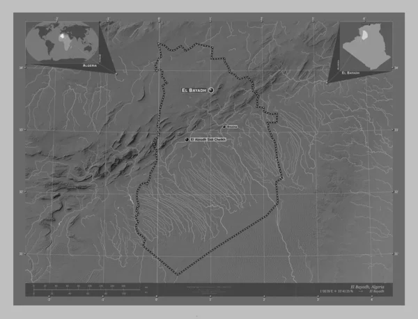 アルジェリアのエル バヤド県 湖や川とグレースケールの標高マップ 地域の主要都市の位置と名前 コーナー補助位置図 — ストック写真
