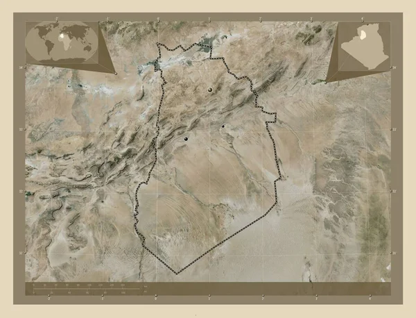 阿尔及利亚巴伐利亚省 高分辨率卫星地图 该区域主要城市的所在地点 角辅助位置图 — 图库照片