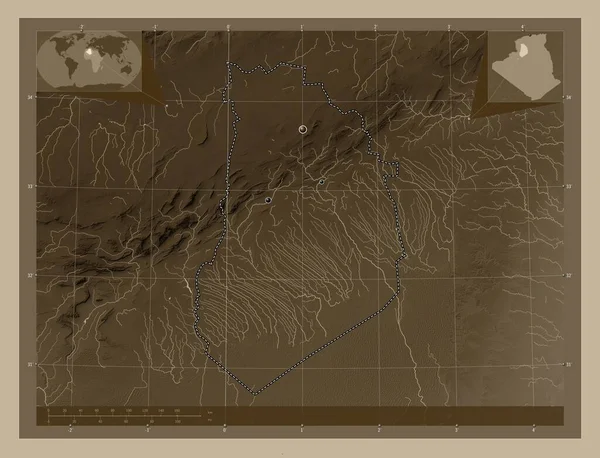 Bayadh Provincia Argelia Mapa Elevación Coloreado Tonos Sepia Con Lagos — Foto de Stock